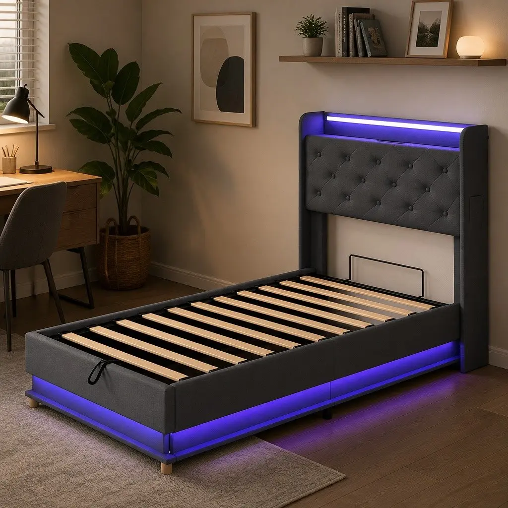 Single Bed Frame Gas Lift Storage Headboard USB Charging Grey Linen