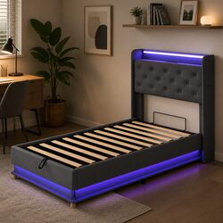 Single Bed Frame Gas Lift Storage Headboard RGB LED USB Charging Linen