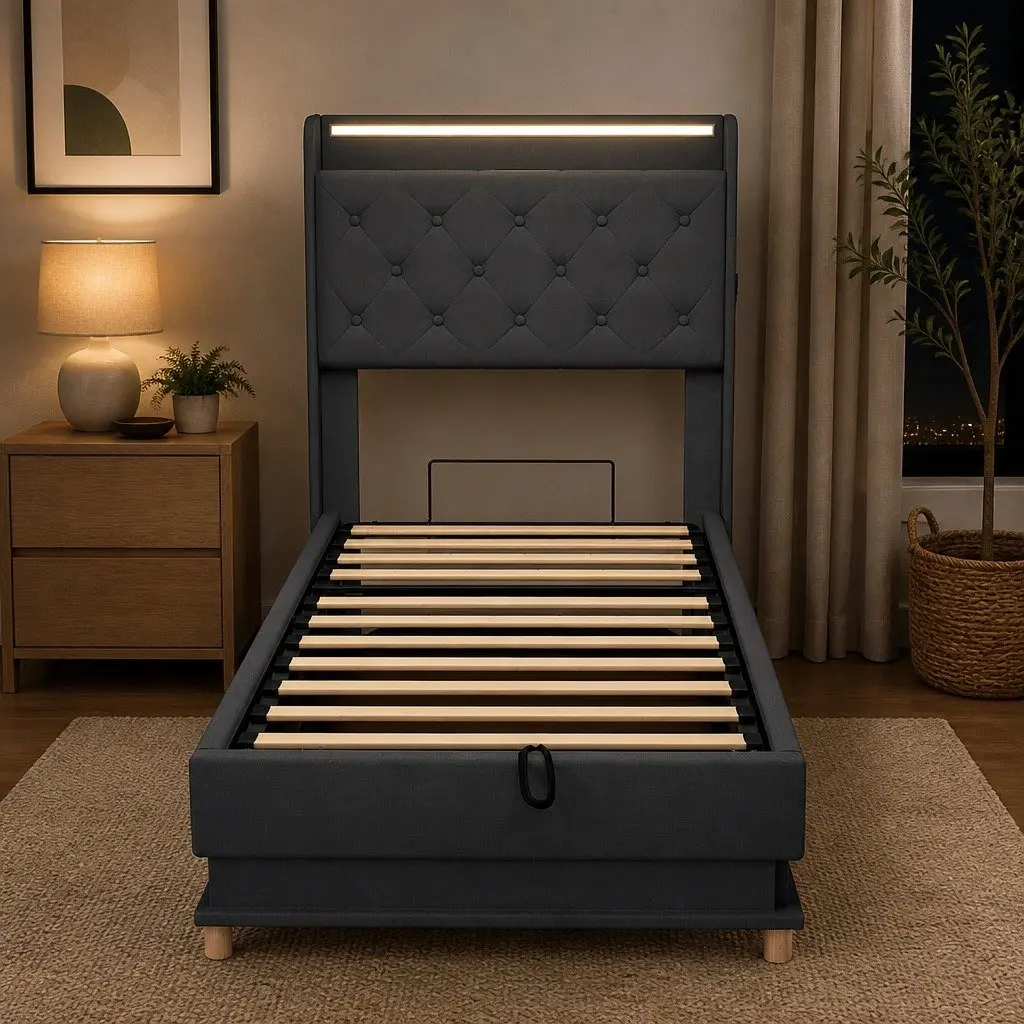 Single Bed Frame Gas Lift Storage Headboard USB Charging Grey Linen