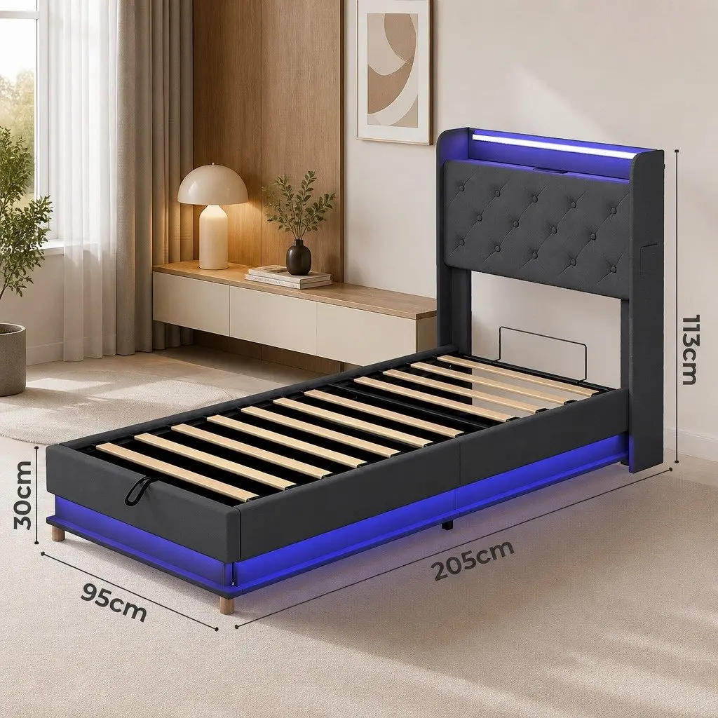 Single Bed Frame Gas Lift Storage Headboard USB Charging Grey Linen