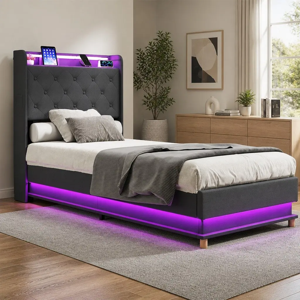 Single Bed Frame Gas Lift Storage Headboard USB Charging Grey Linen