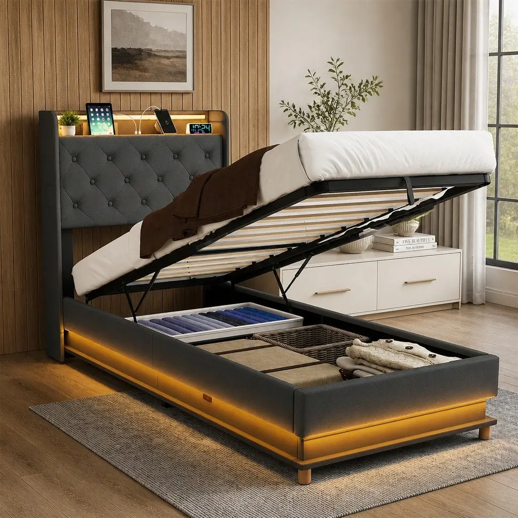 Single Bed Frame Gas Lift Storage Headboard USB Charging Grey Linen