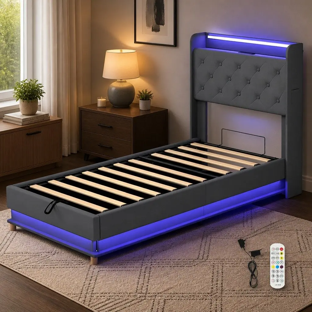 Single Bed Frame Gas Lift Storage Headboard USB Charging Grey Linen