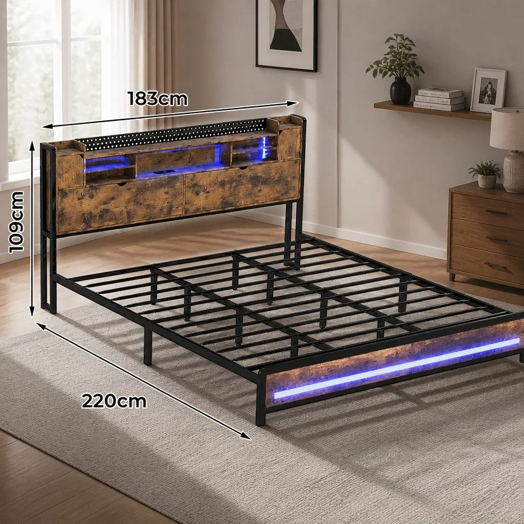 King Bed Frame with Storage and LED Lights