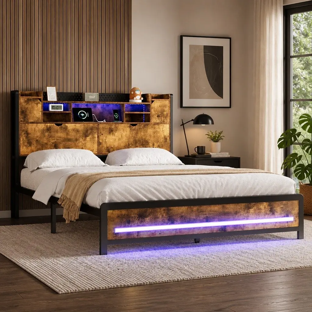 King Bed Frame with Storage and LED Lights