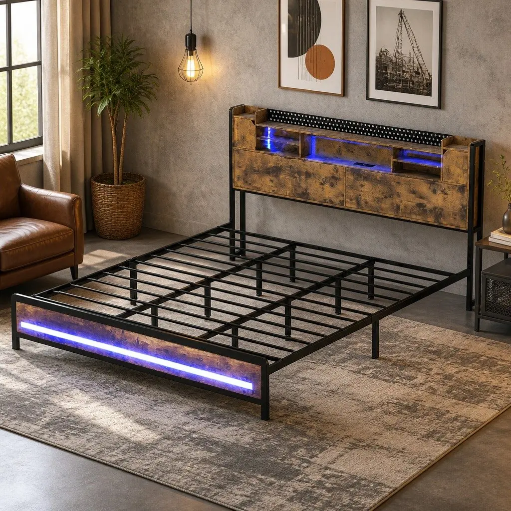 King Bed Frame with Storage and LED Lights