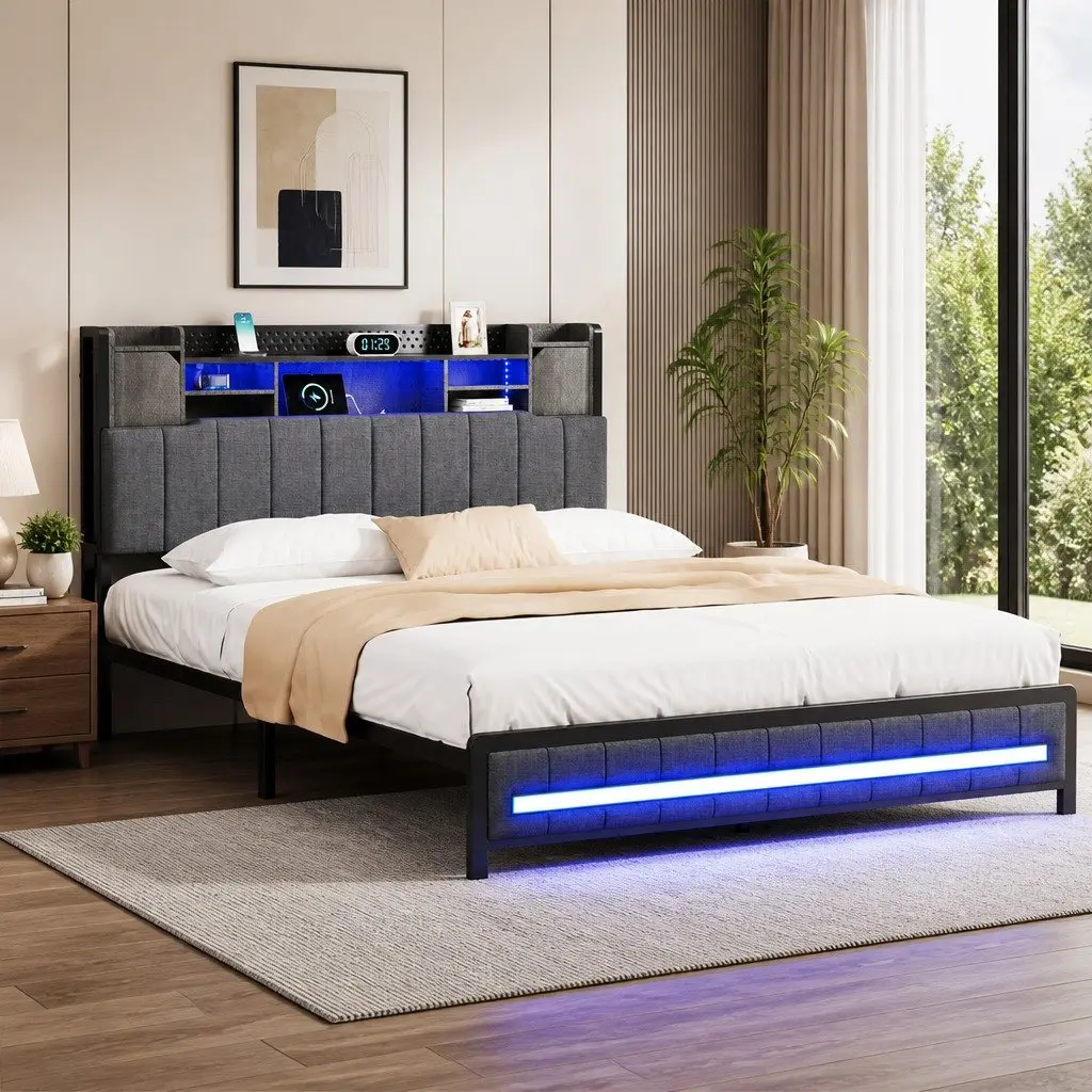Queen Bed Frame with Storage Headboard RGB LED Charging Station Linen