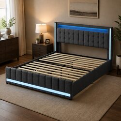 Double Bed Frame with Storage Drawers LED Lighting USB Ports Power Outlets