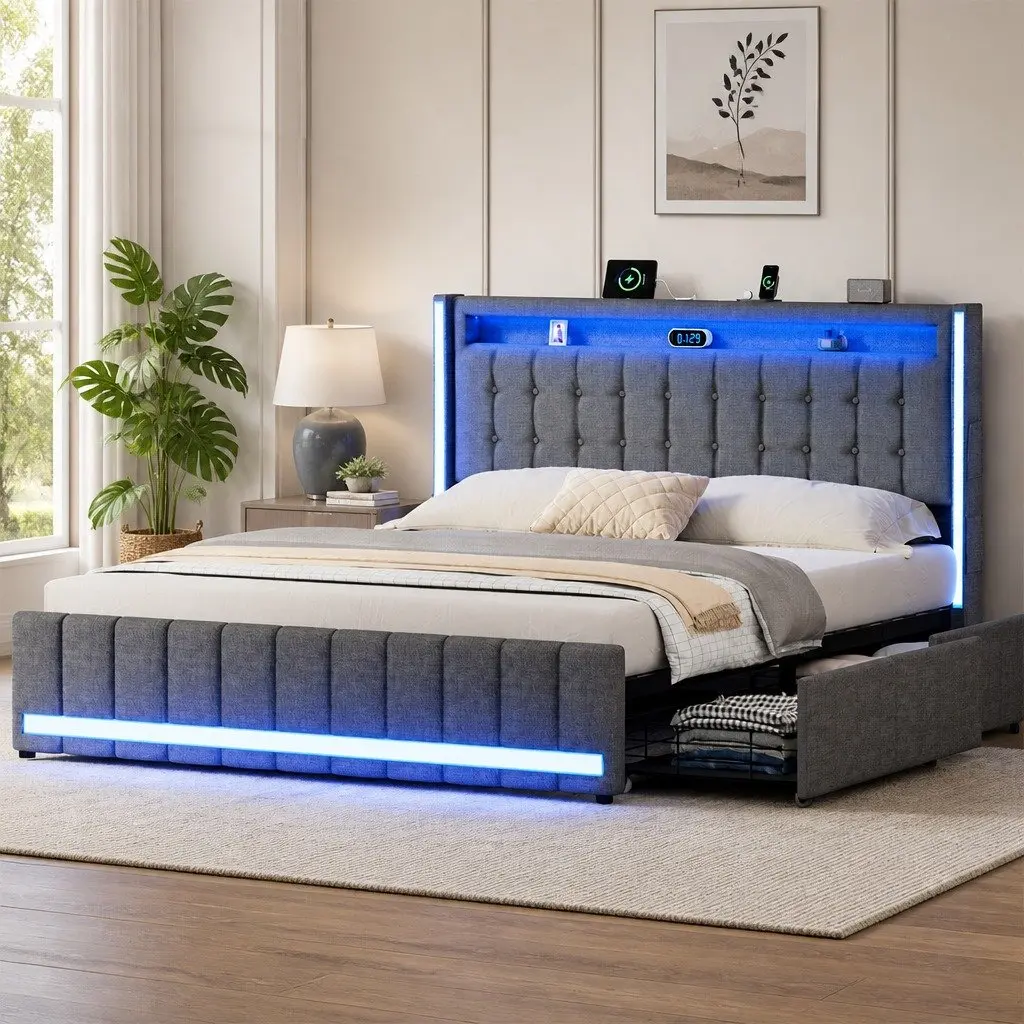 Double Bed Frame with Storage Drawers LED Lighting USB Ports Grey 196cm L x 141cm W x 104cm H