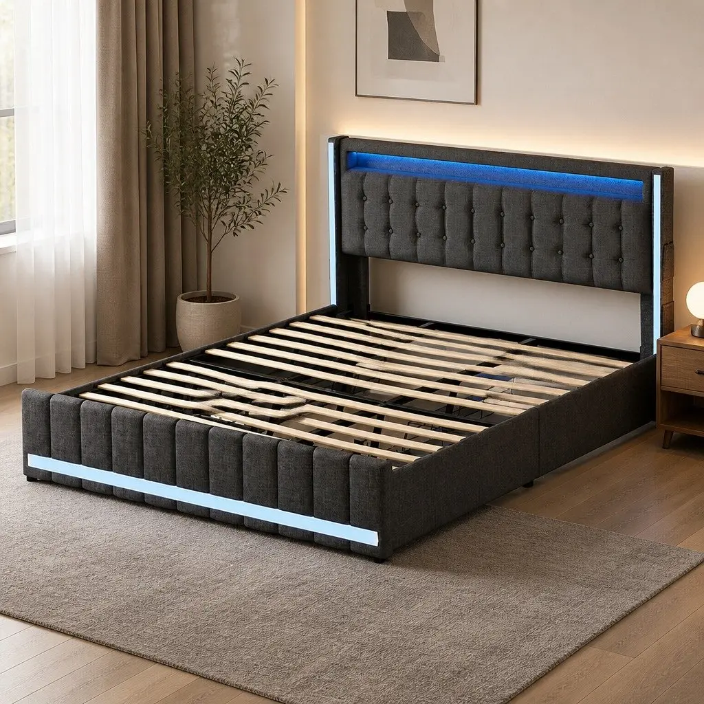 King Bed Frame Storage Drawers USB Charging Ports Grey