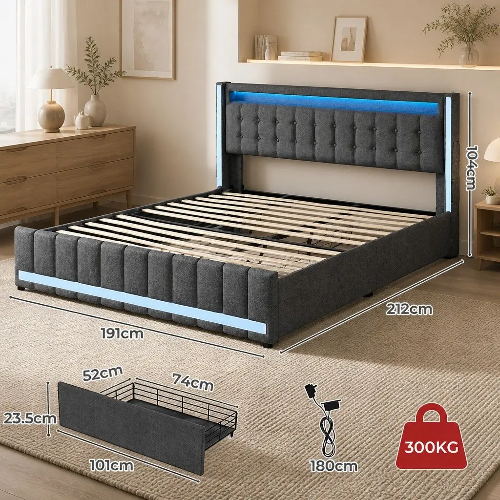 King Bed Frame Storage Drawers USB Charging Ports Grey