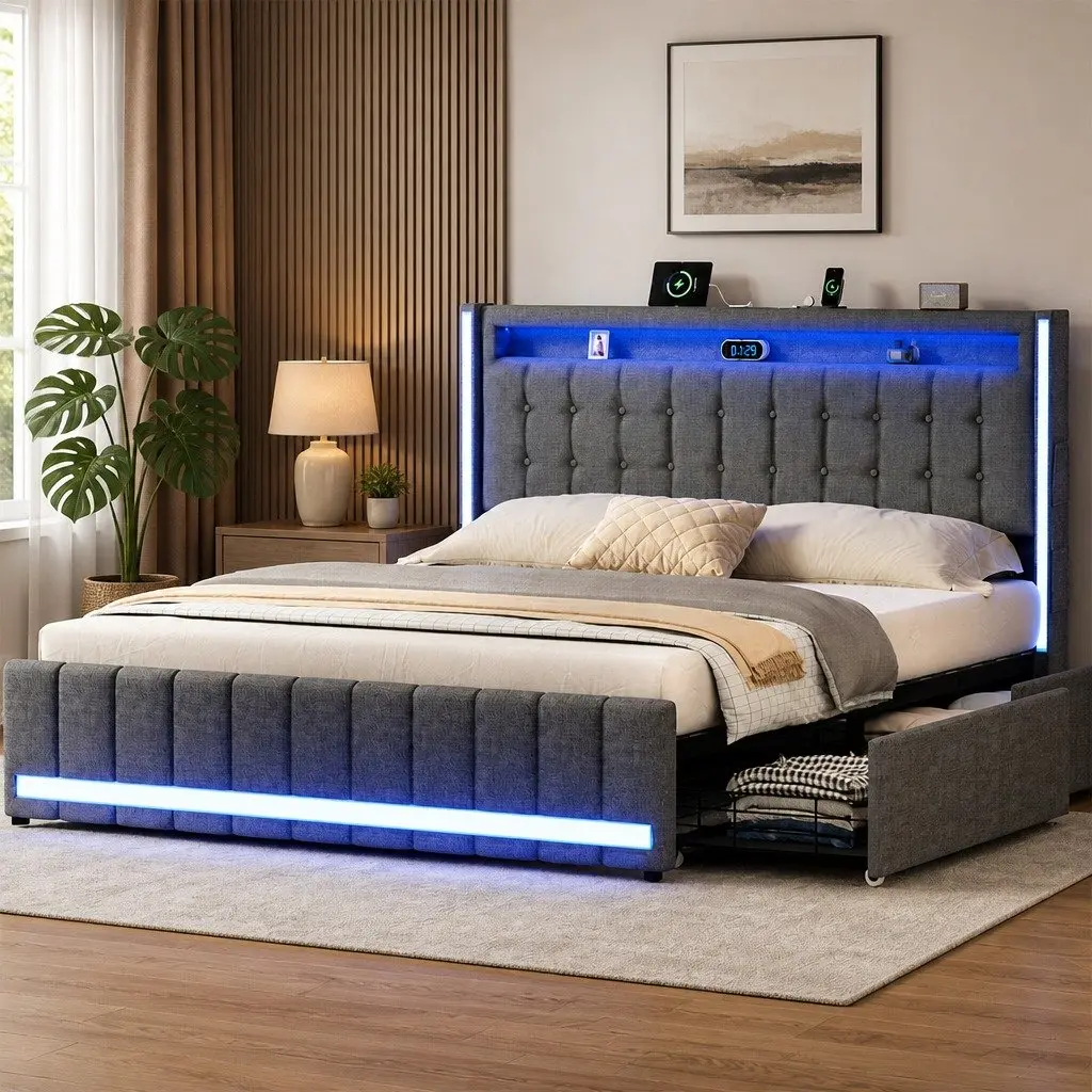 King Bed Frame Storage Drawers USB Charging Ports Grey