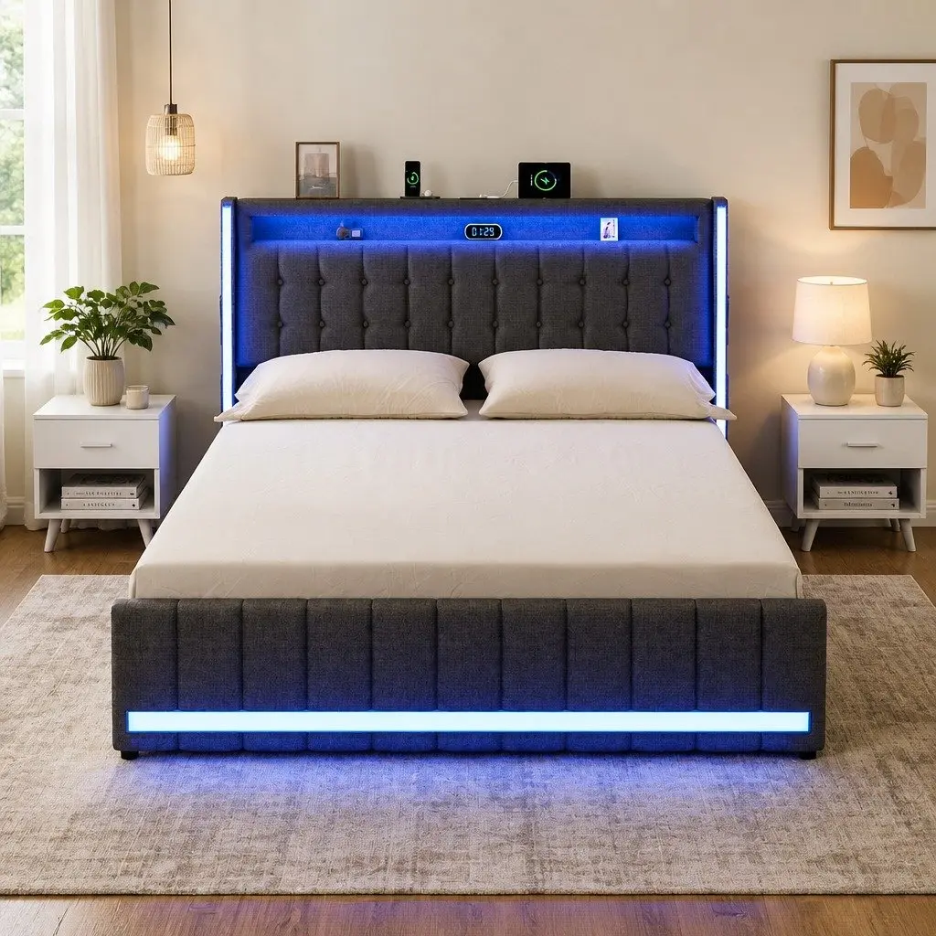 King Bed Frame Storage Drawers USB Charging Ports Grey