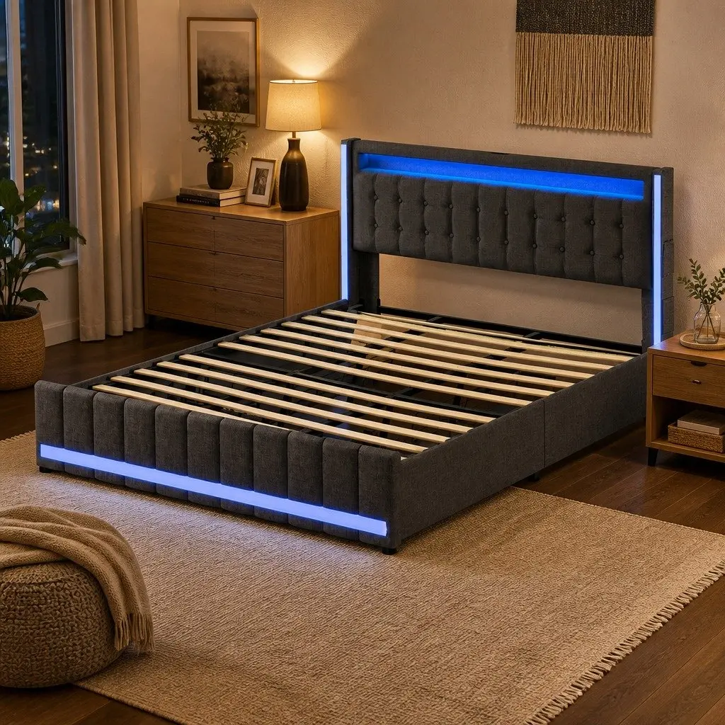 King Bed Frame Storage Drawers USB Charging Ports Grey