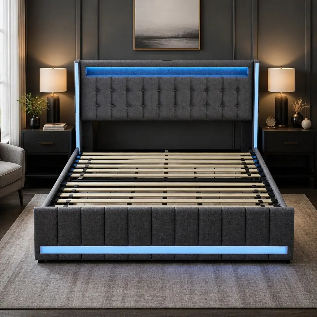 Gray Queen Bed Frame with Ample Storage