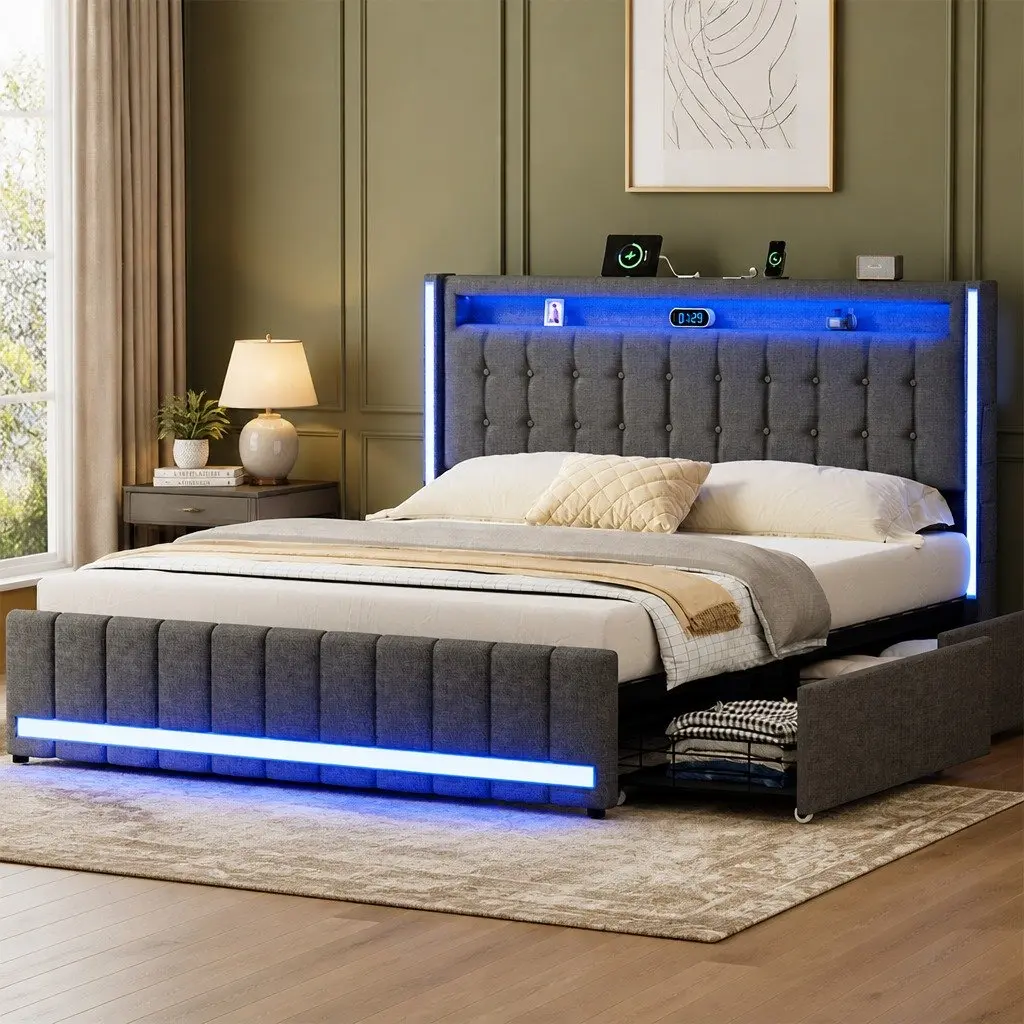 Gray Queen Bed Frame with Ample Storage