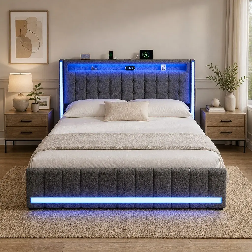 Gray Queen Bed Frame with Ample Storage