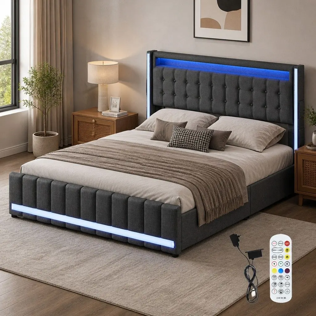 Gray Queen Bed Frame with Ample Storage
