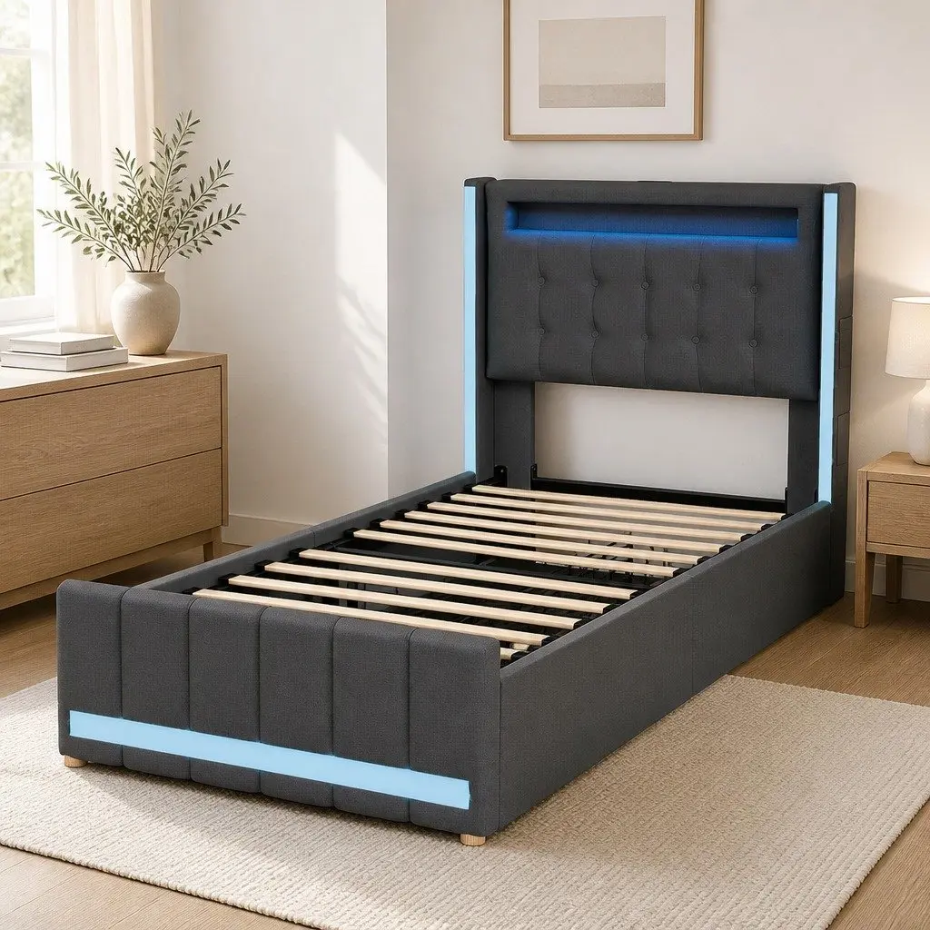Single Bed Frame with Storage Drawers USB Charging Headboard Grey