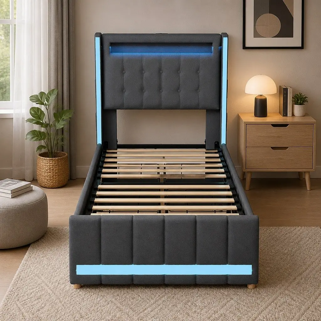 Single Bed Frame with Storage Drawers USB Charging Headboard Grey