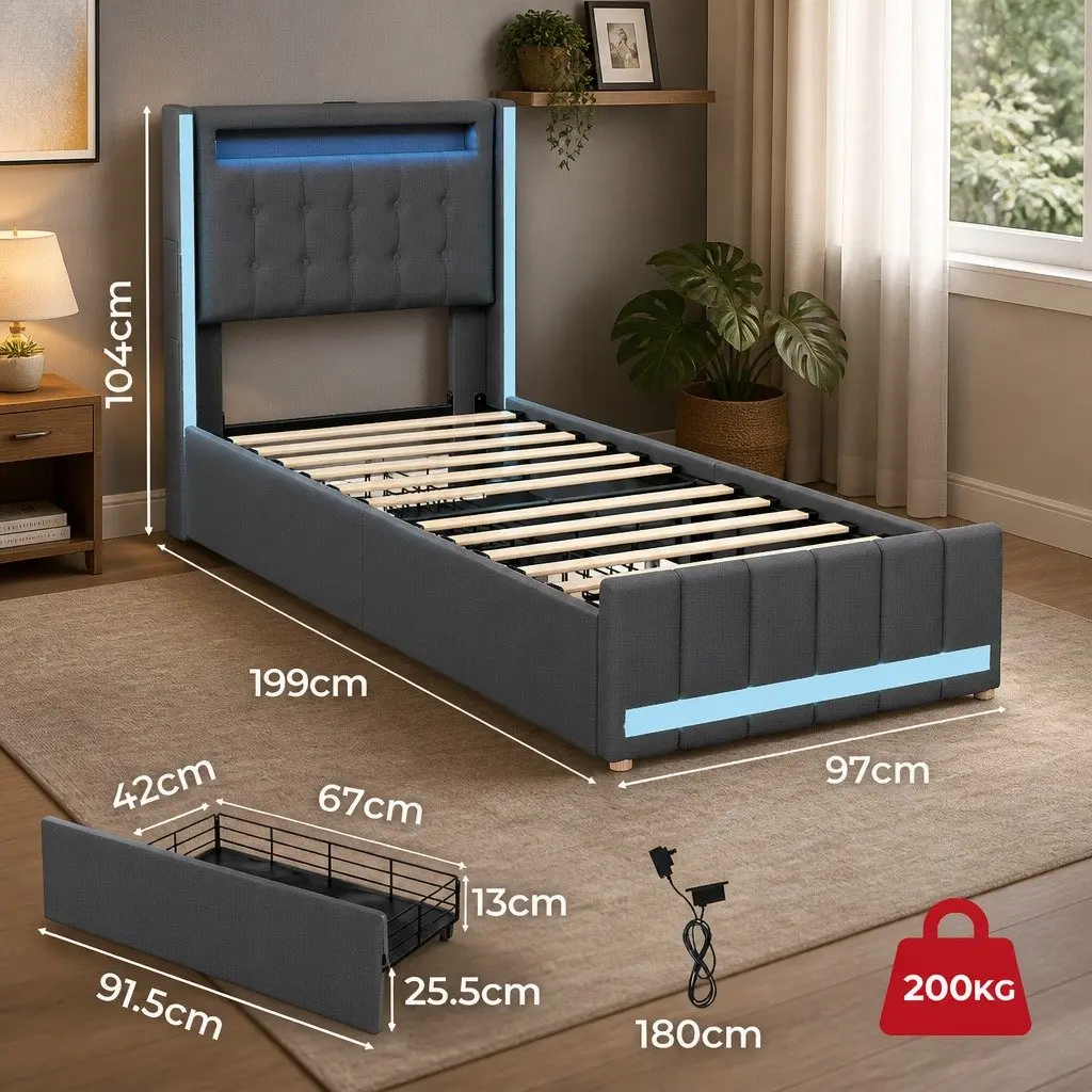 Single Bed Frame with Storage Drawers USB Charging Headboard Grey