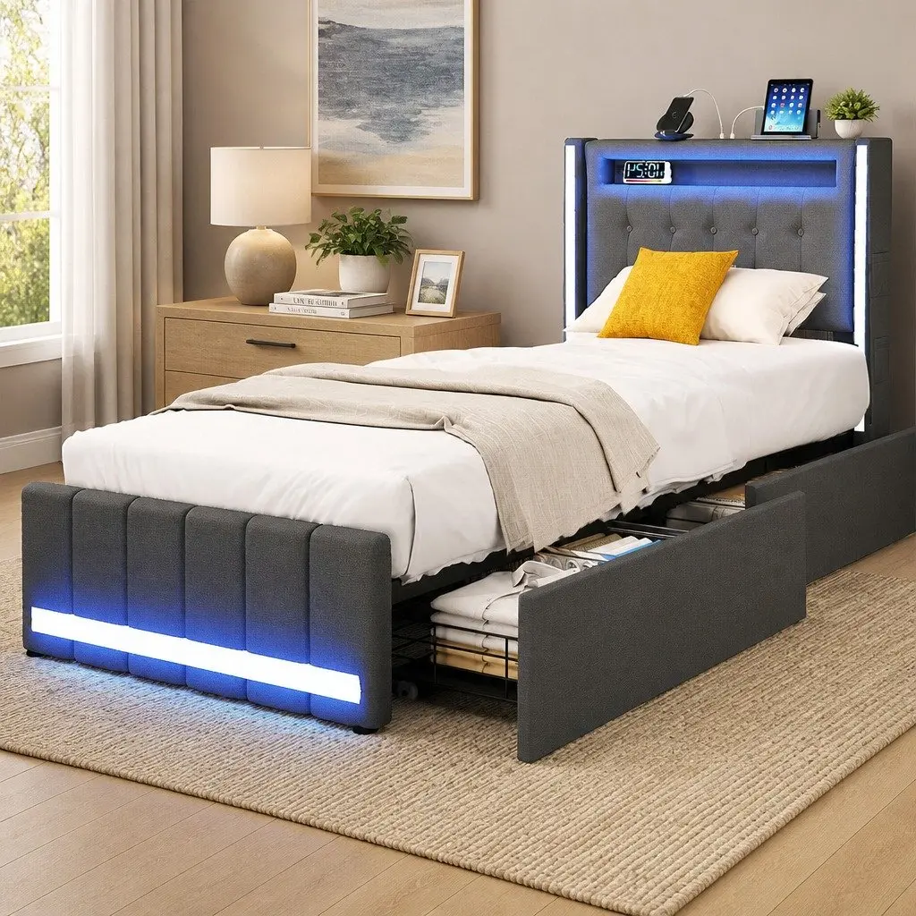Single Bed Frame with Storage Drawers USB Charging Headboard Grey