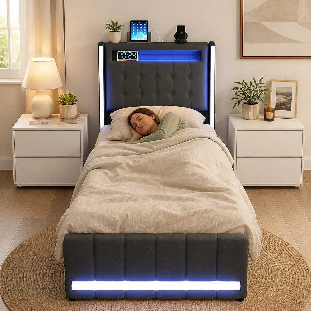 Single Bed Frame with Storage Drawers USB Charging Headboard Grey