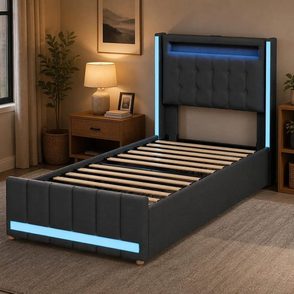 Single Bed Frame with Storage Drawers USB Charging Headboard Grey