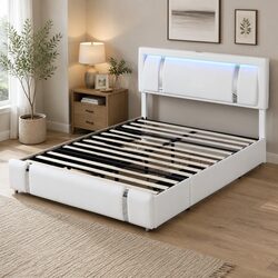 Double Bed Frame Adjustable Headboard USB Charging LED Light Storage Drawers