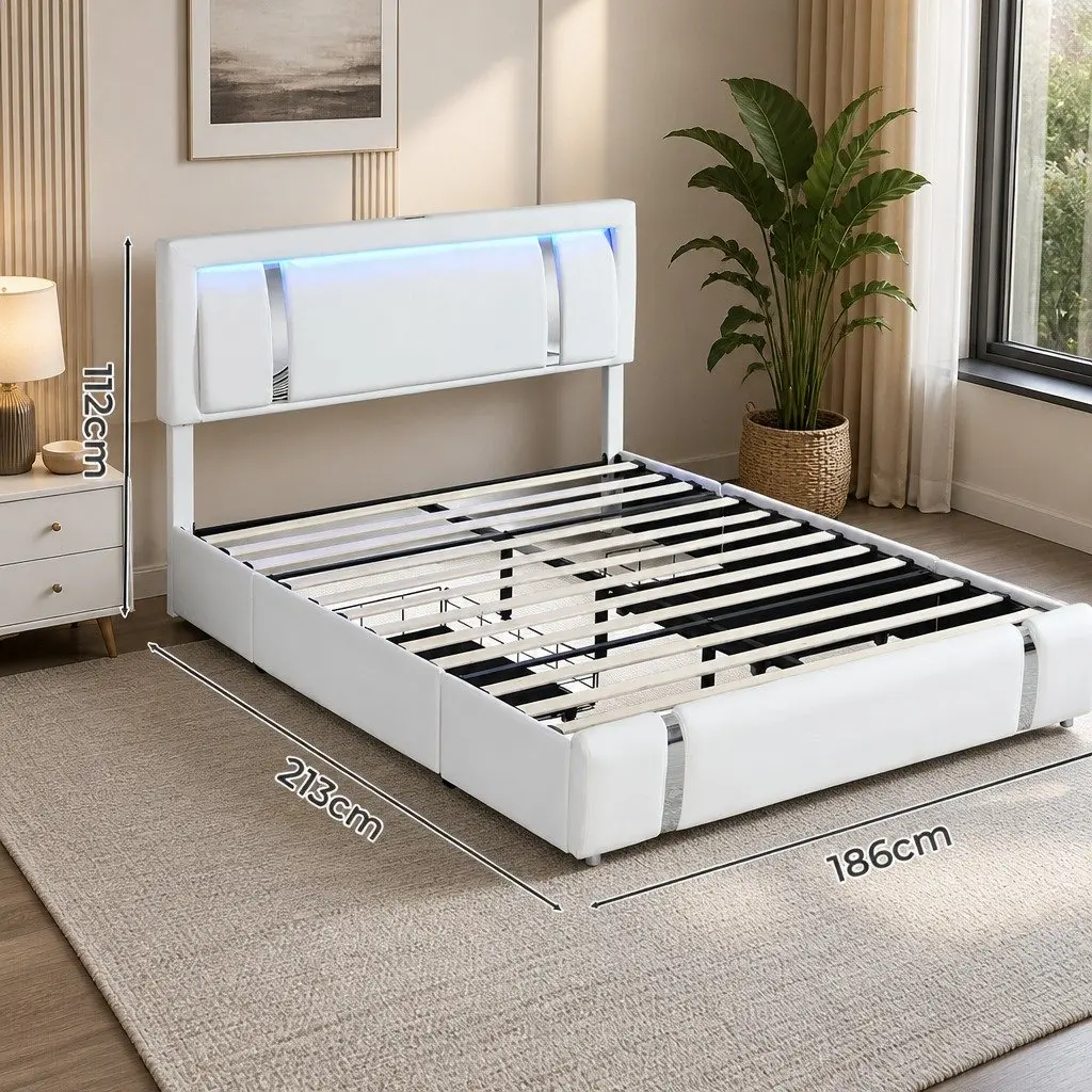King Size Bed Frame with Integrated USB Charging Adjustable Headboard RGB LED Lights and Side Storage Drawers White Steel
