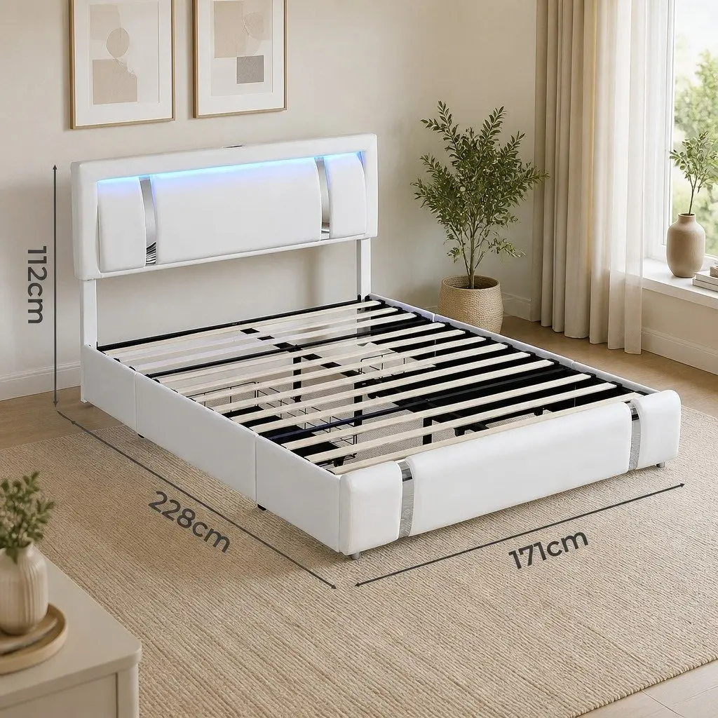 Queen Bed Frame Adjustable Headboard USB Charging LED Light Storage Drawers
