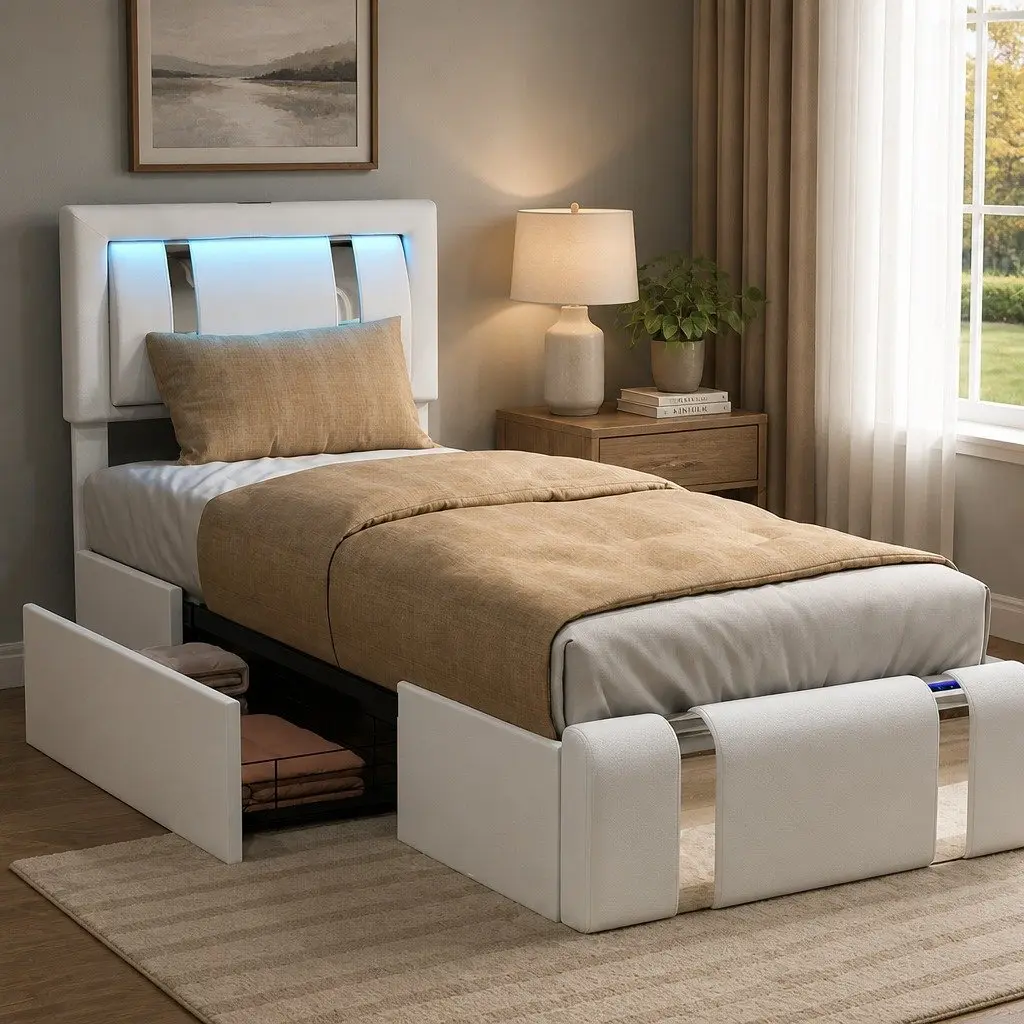 Single Bed Frame with USB Charging and LED Lights