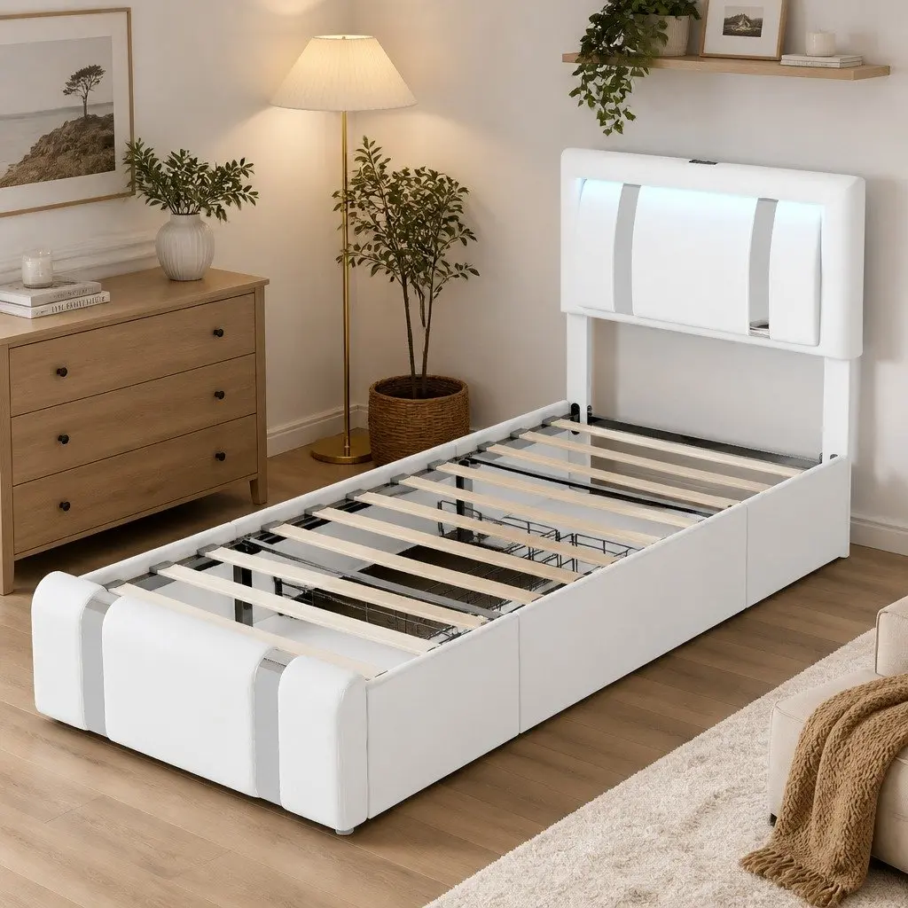 Single Bed Frame with USB Charging and LED Lights