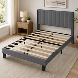 Double Bed Frame Upholstered Headboard Grey Metal Wooden Slats Platform Bedroom