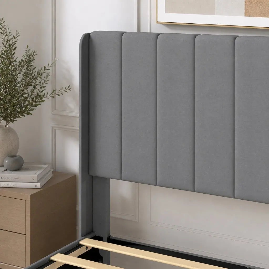 Double Bed Frame Upholstered Headboard Grey Metal Wooden Slats Platform Bedroom