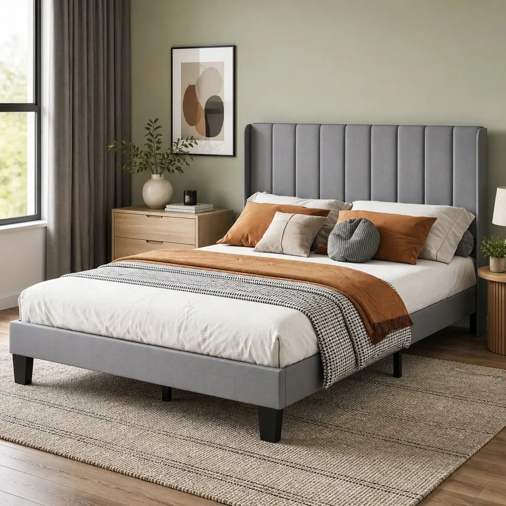 Double Bed Frame Upholstered Headboard Grey Metal Wooden Slats Platform Bedroom
