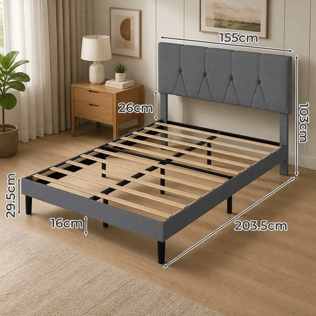 Upholstered Platform Bed Frame Queen Size Modern Grey Storage Wooden Slat Base
