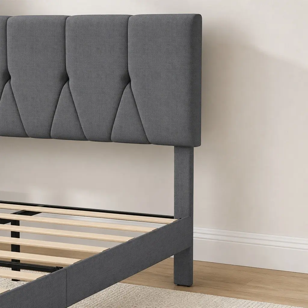 Upholstered Platform Bed Frame Queen Size Modern Grey Storage Wooden Slat Base