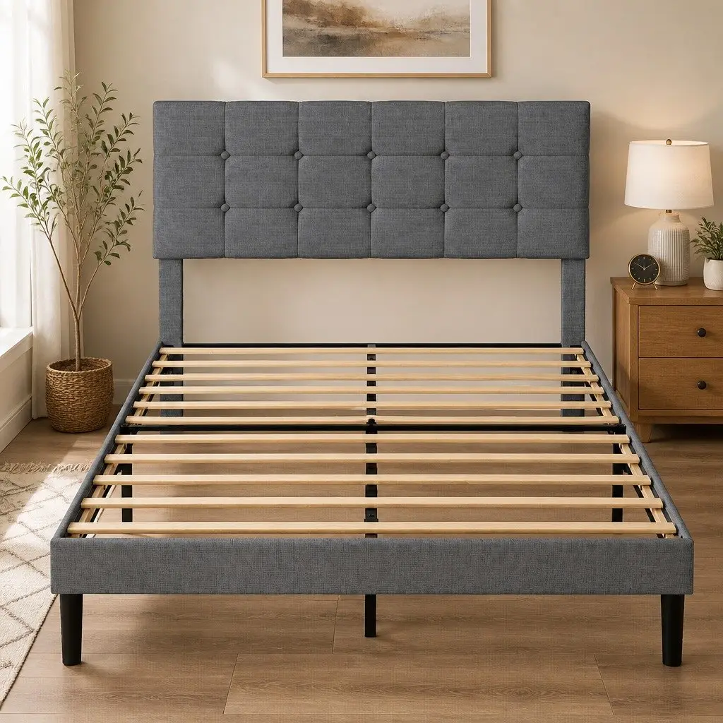 Upholstered Platform Bed Frame Double Grey Fabric Storage Wooden Slat Base