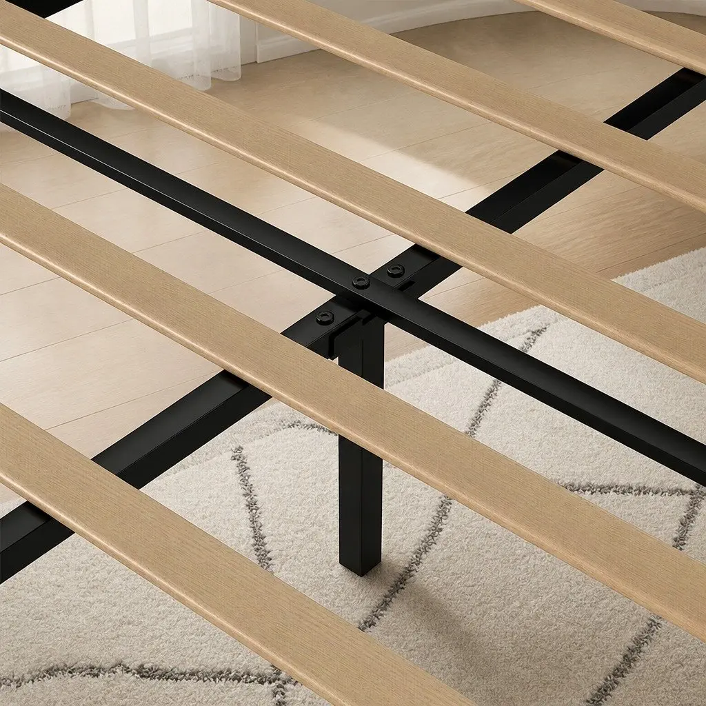 Upholstered Platform Bed Frame Double Grey Fabric Storage Wooden Slat Base