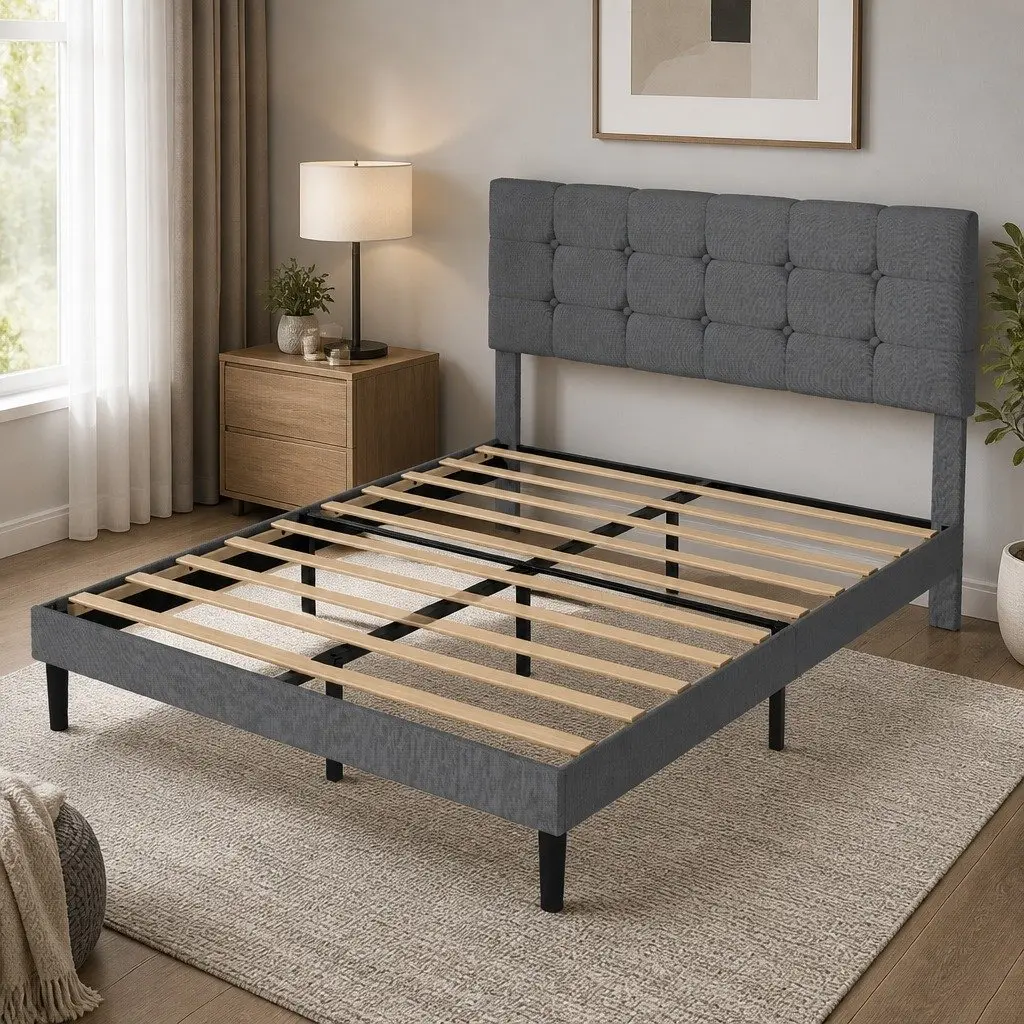 Upholstered Platform Bed Frame Double Grey Fabric Storage Wooden Slat Base