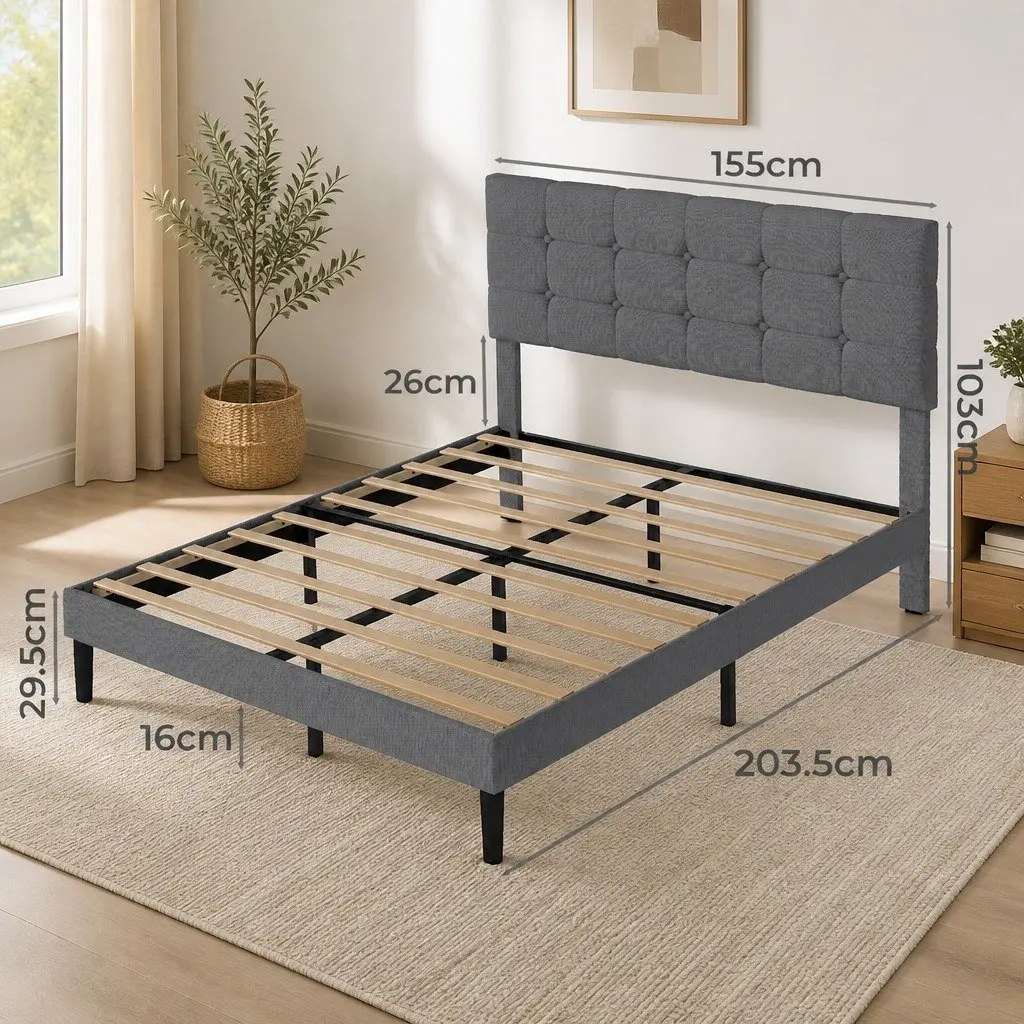 Upholstered Platform Bed Frame Queen Size Storage Base Wooden Slats Grey
