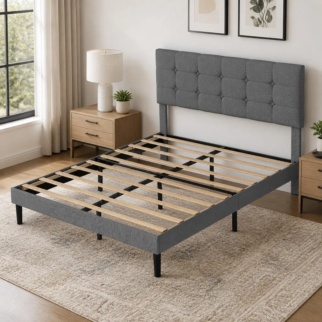 Upholstered Platform Bed Frame Queen Size Storage Base Wooden Slats Grey