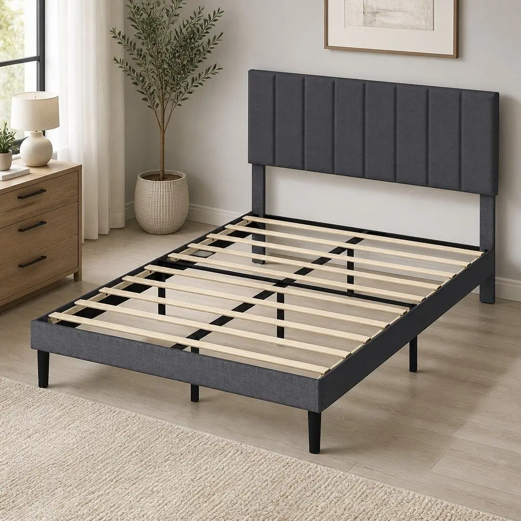 Upholstered Platform Bed Frame Double Size Storage Dark Grey
