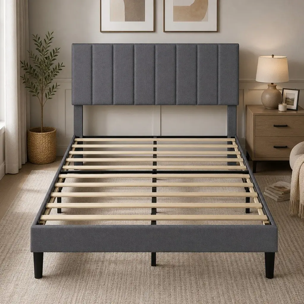 Upholstered Platform Bed Frame Double Size Storage Dark Grey