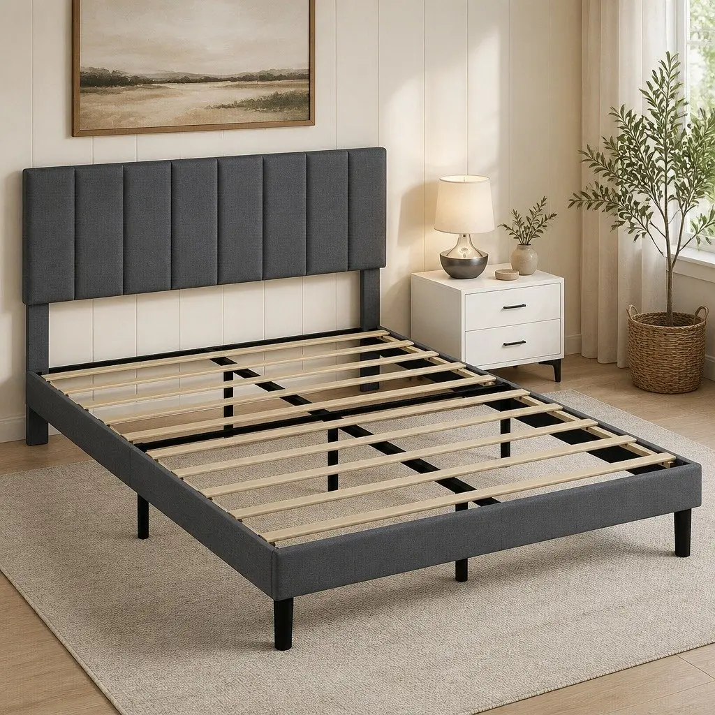 Upholstered Platform Bed Frame Double Size Storage Dark Grey