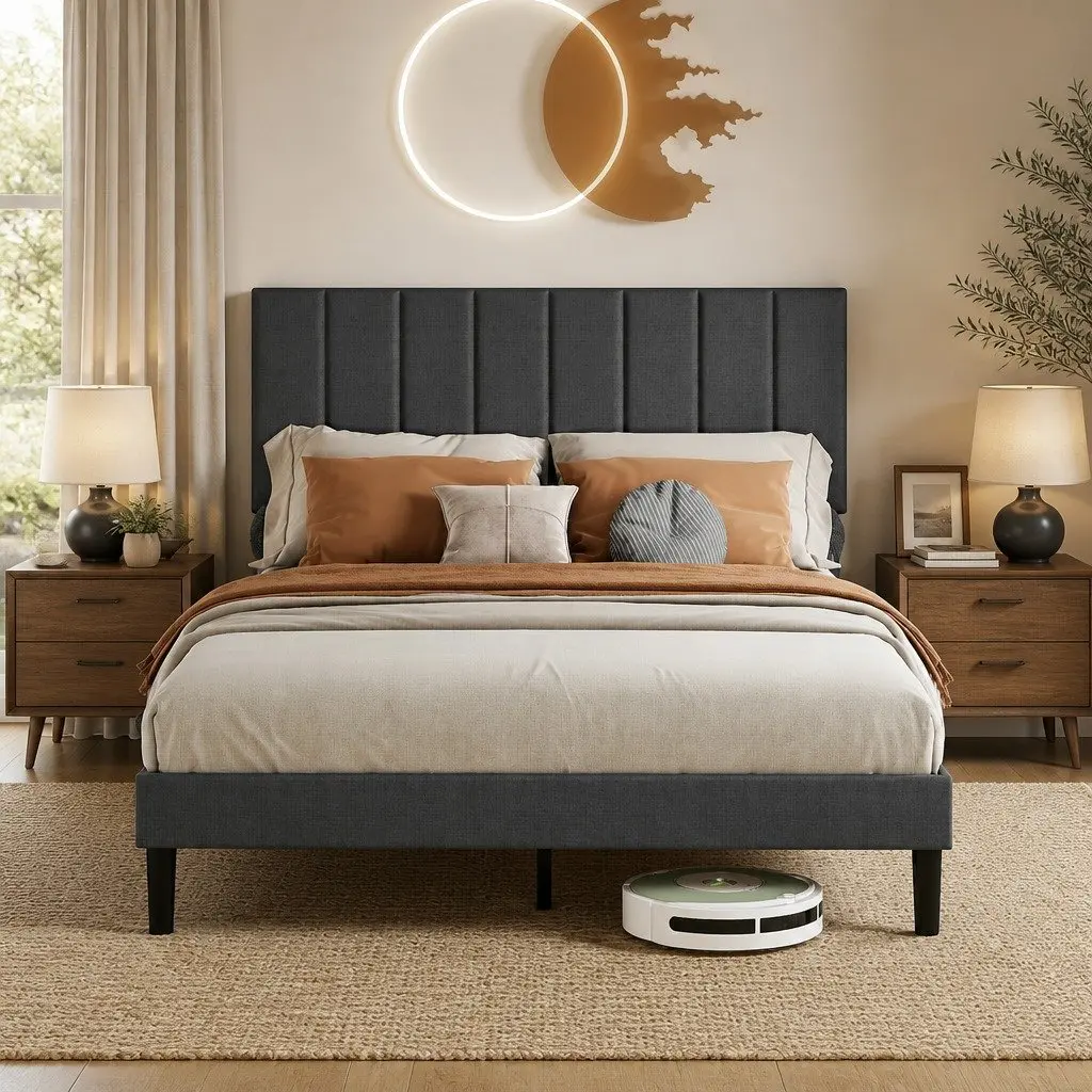 Upholstered Platform Bed Frame Double Size Storage Dark Grey
