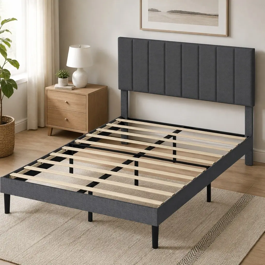 Upholstered Platform Bed Frame Double Size Storage Dark Grey
