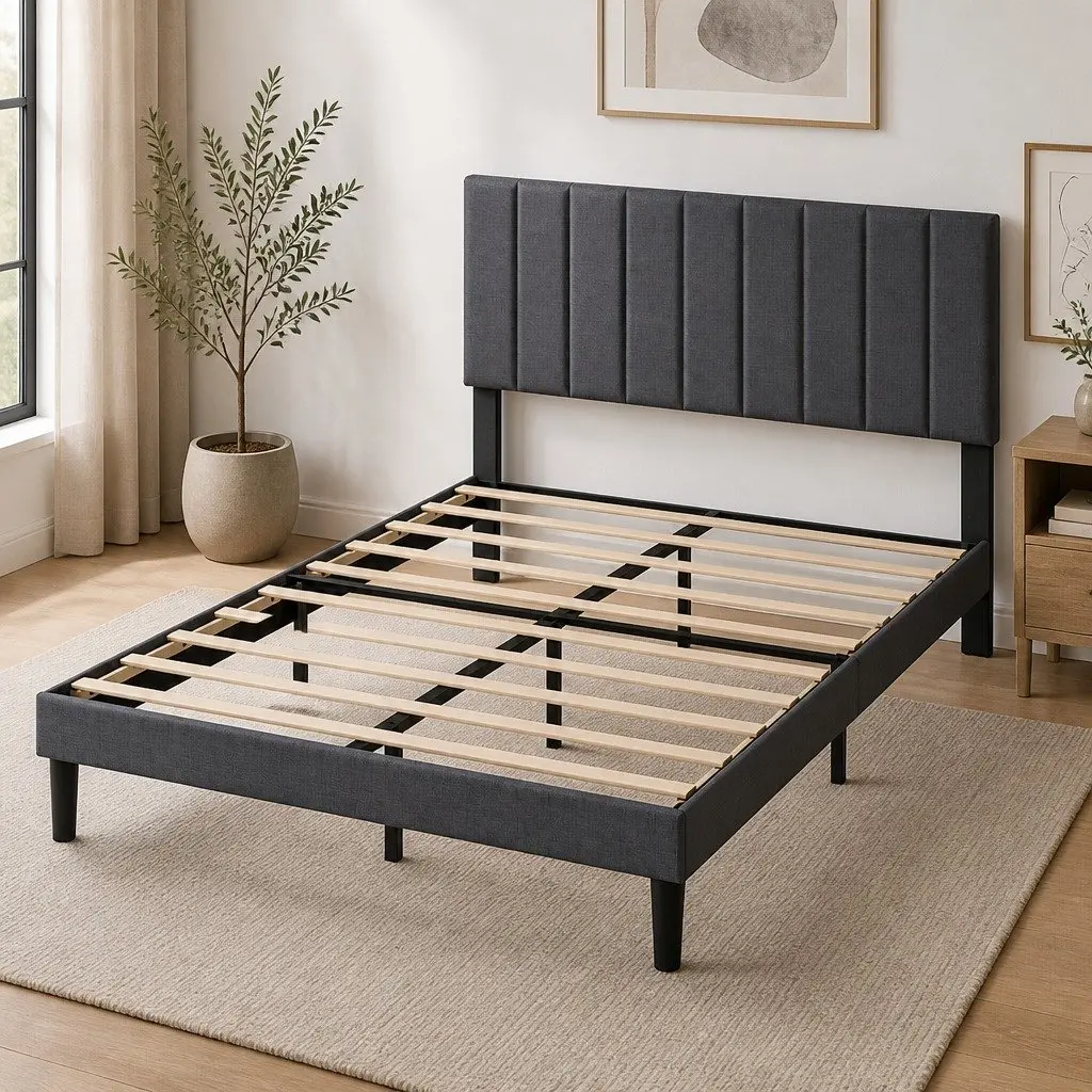 Queen Upholstered Platform Bed Frame Storage Base Dark Grey