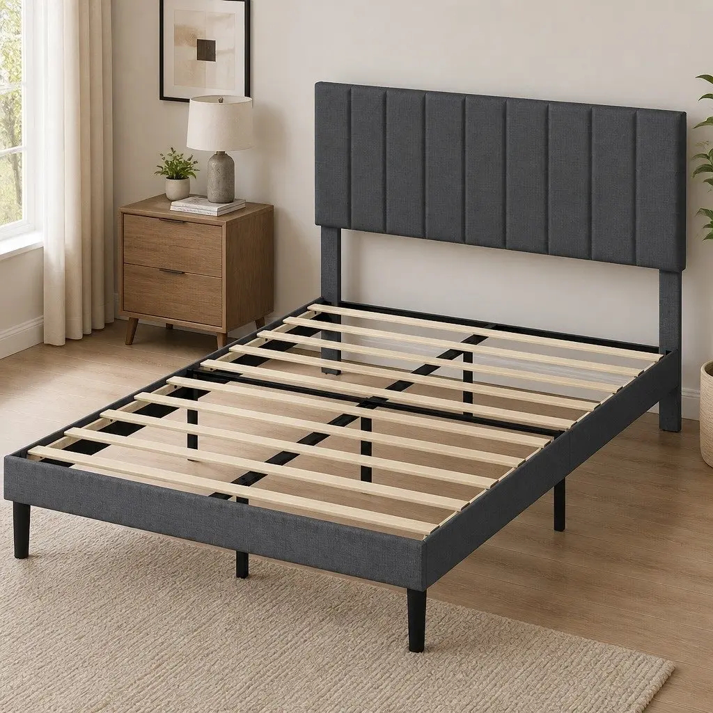 Queen Upholstered Platform Bed Frame Storage Base Dark Grey